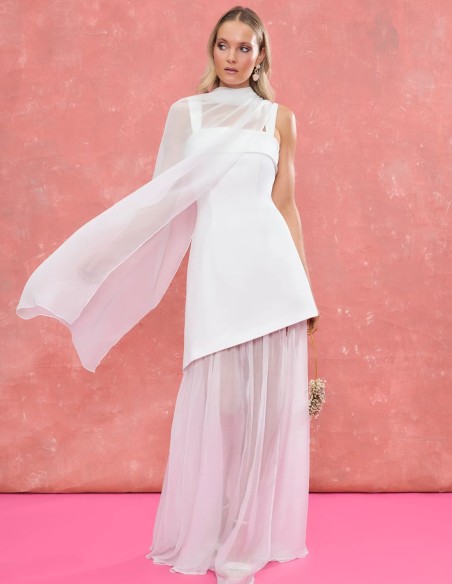 Long châle de mariage blanc en mousseline de soie