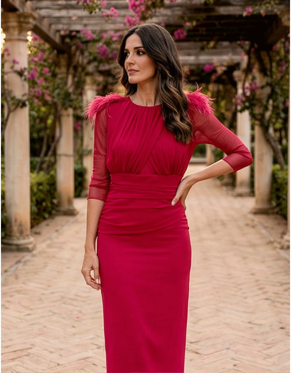 Cherry colored midi wedding dress with flattering draping...