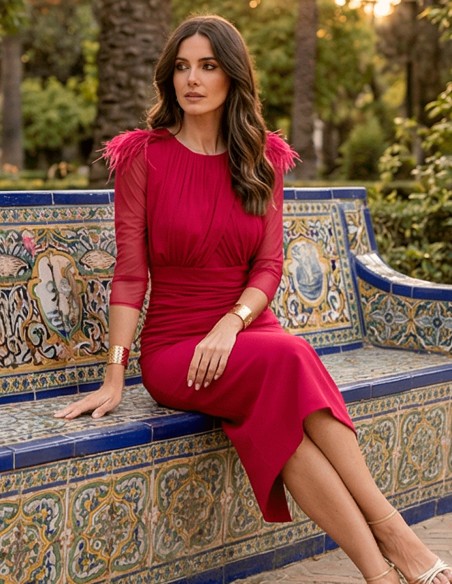 Cherry colored midi wedding dress with flattering draping and French sleeves