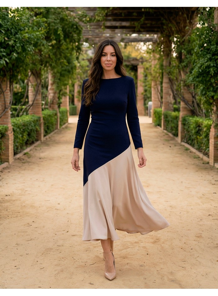Vestido midi marino bicolor con bajo de volante