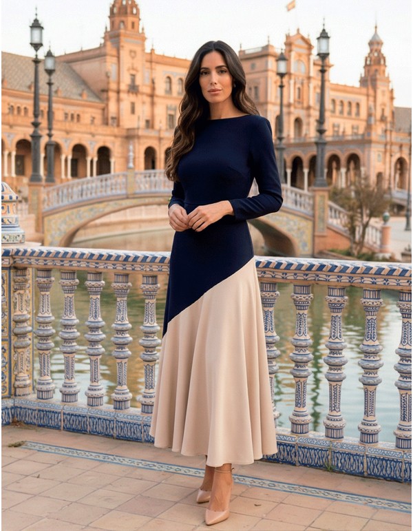 Two-tone navy midi dress with ruffle hemline