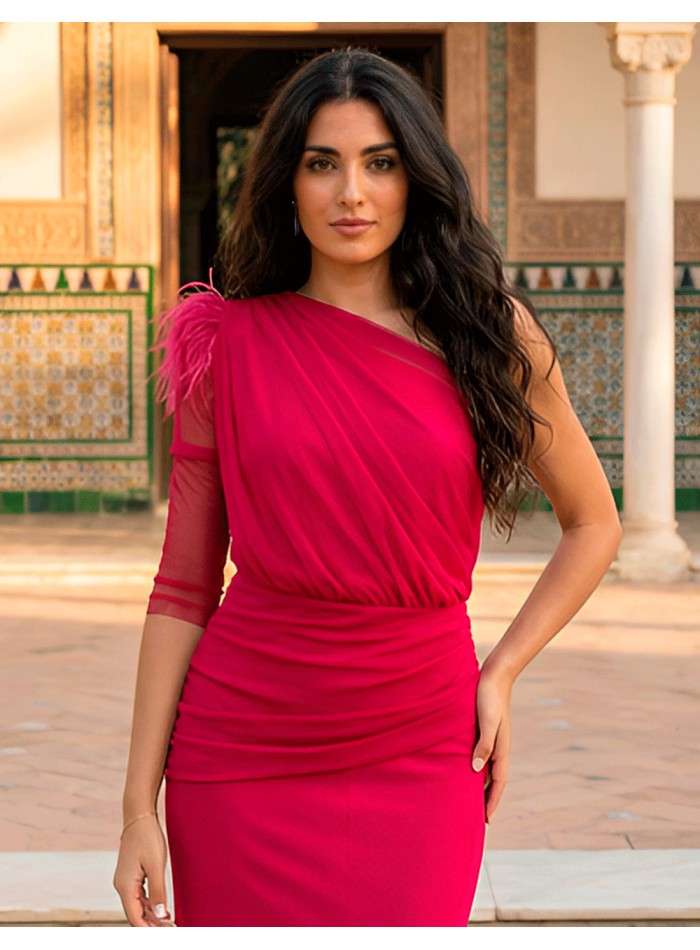 Vestido de fiesta midi drapeado con una manga y...