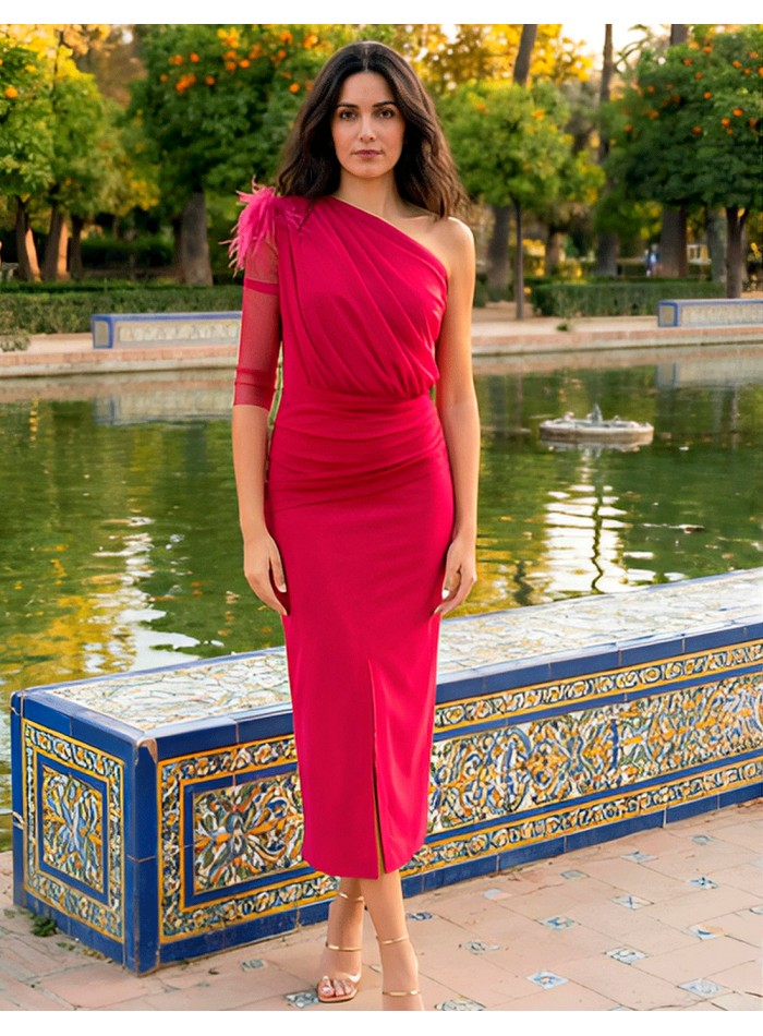 Vestido de fiesta midi drapeado con una manga y...