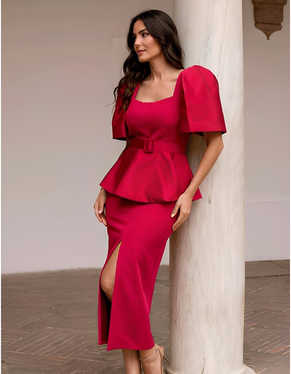 Midi party dress with puffed and peplum sleeves 2