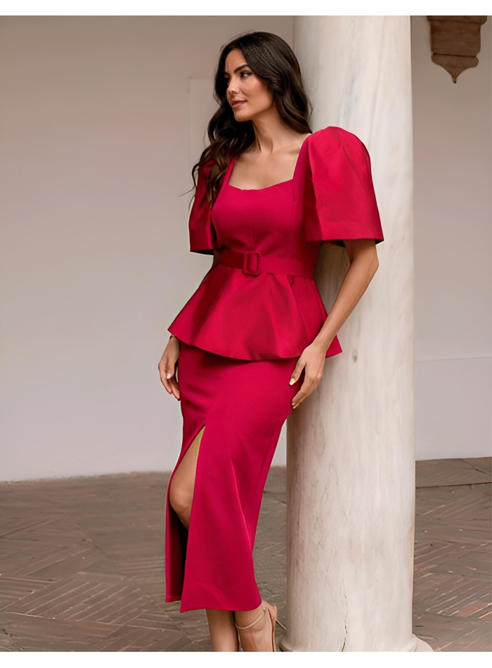 Midi party dress with puffed and peplum sleeves