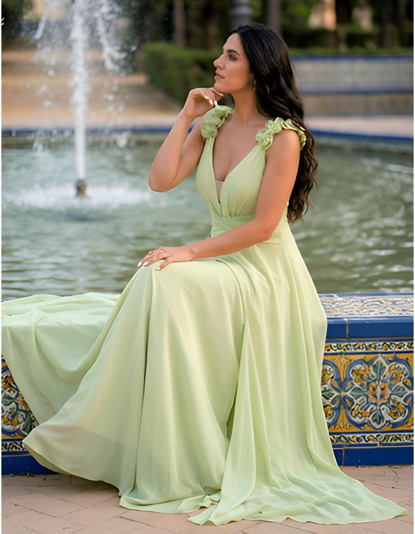 Long wedding guest dress with V-neckline and floral straps 2