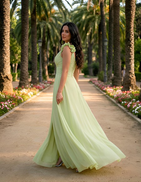 Long wedding guest dress with V-neckline and floral straps