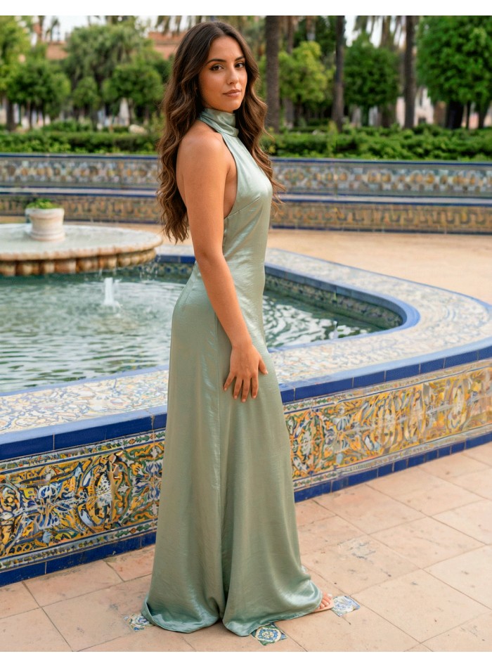 Vestido de graduación de satén verde pastel con...