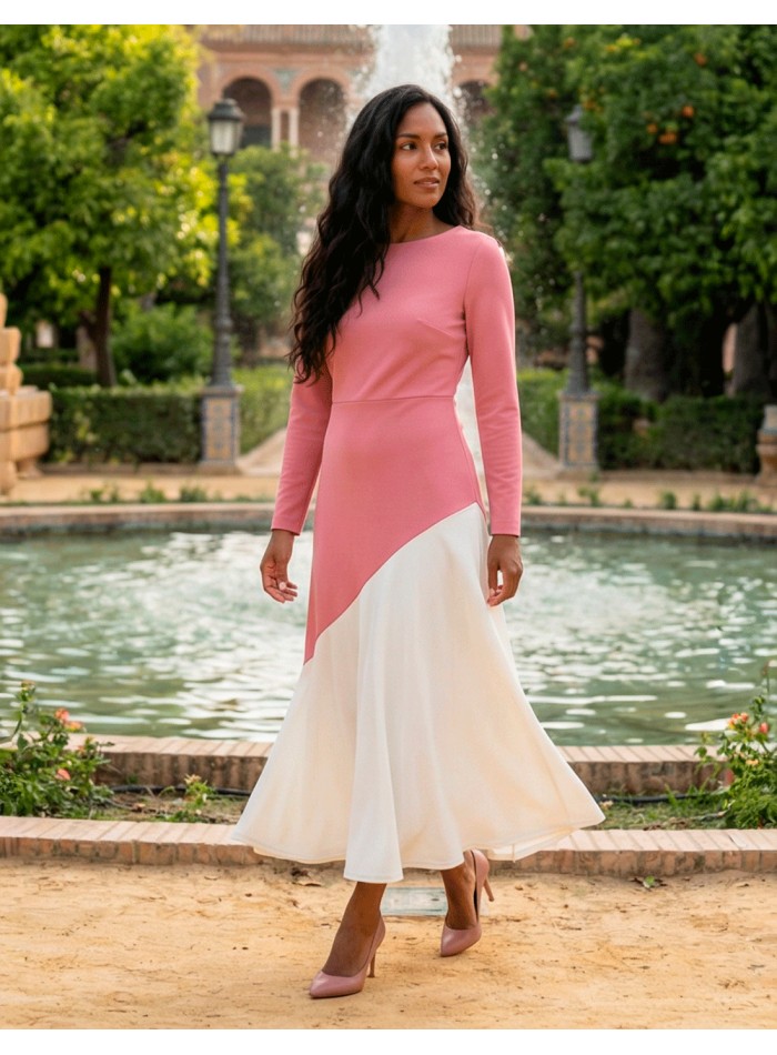 Pink and pastel beige two-tone midi dress with...