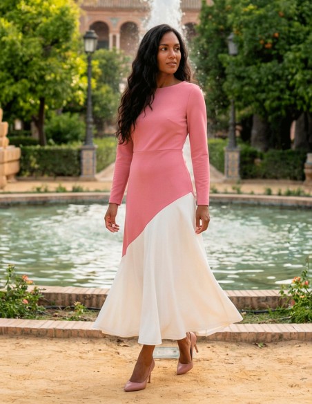 Pink and pastel beige two-tone midi dress with ruffle hemline