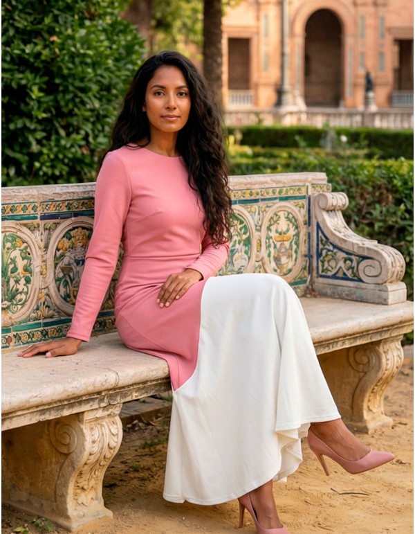 vestido de invitada comunion | Vestido midi bicolor rosa y beige pastel con bajo de volante 2