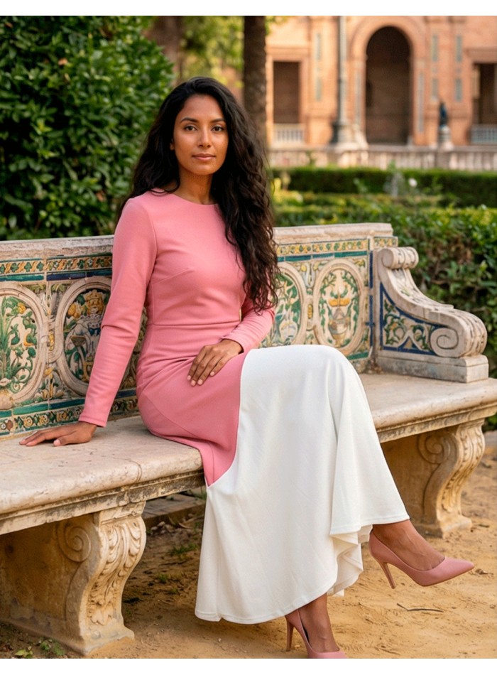 Robe midi bicolore rose et beige pastel avec...