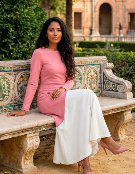Robe midi bicolore rose et beige pastel avec ourlet à volants