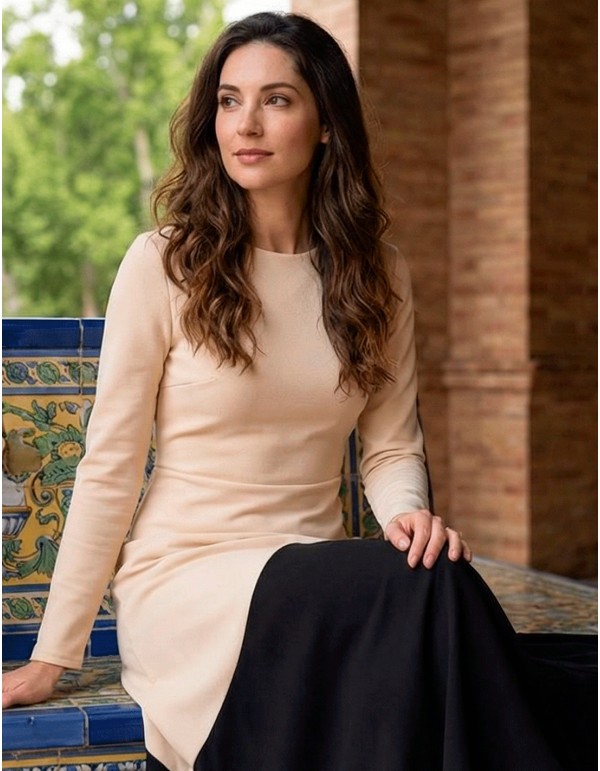 Bicolor beige and black midi dress with ruffle hemline 2