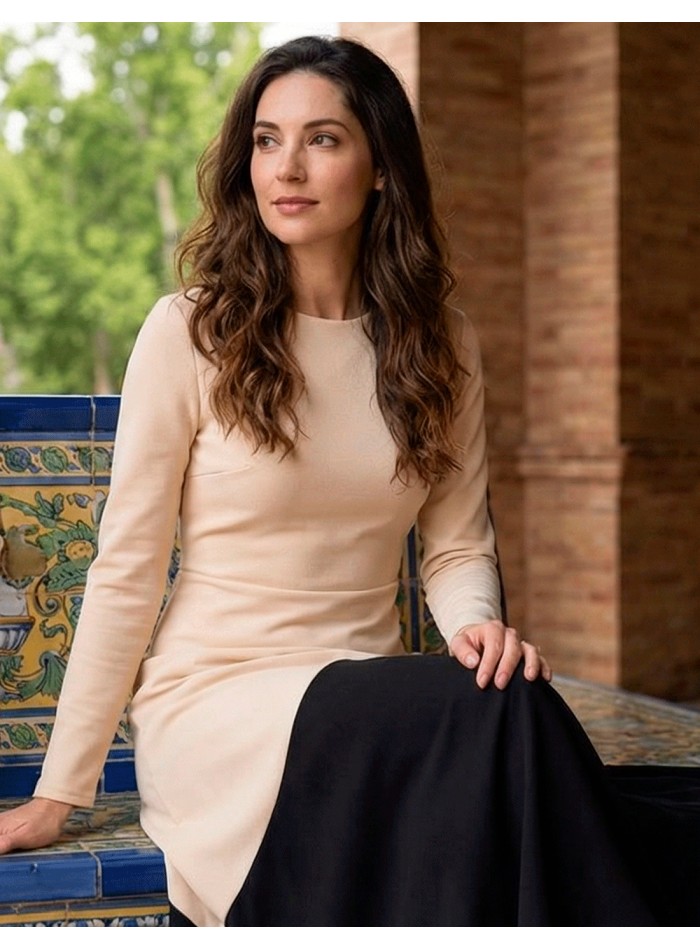 Bicolor beige and black midi dress with ruffle...