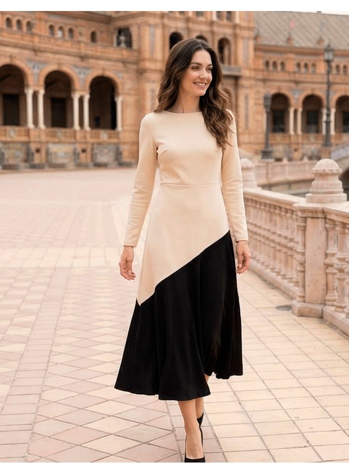 Vestido midi bicolor beige y negro con bajo de volante mama de comunion