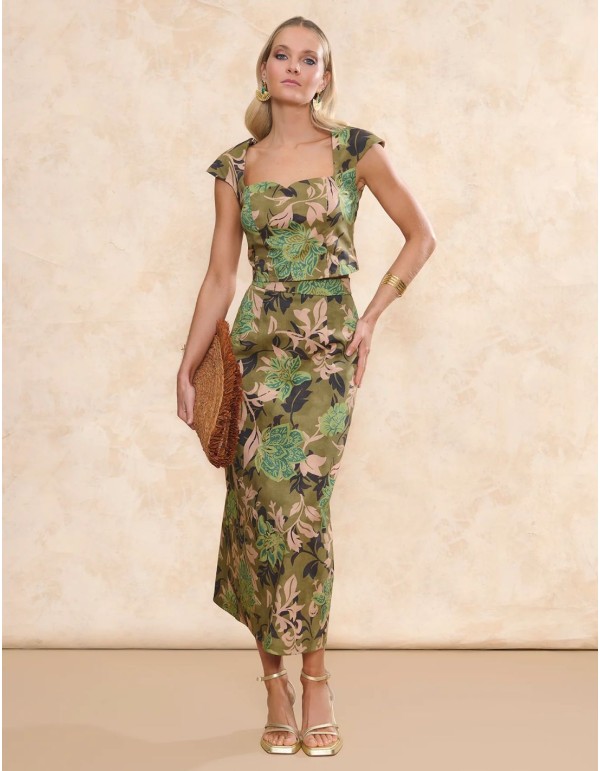 Green printed fabric midi skirt with flared cut for guest