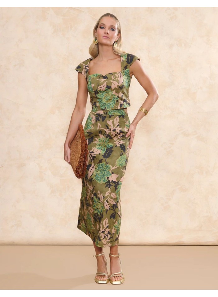 Green printed fabric midi skirt with flared cut...