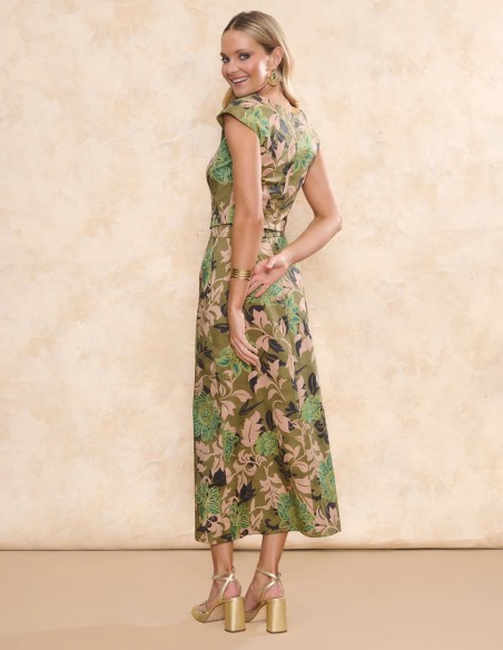 Green printed fabric midi skirt with flared cut for guest