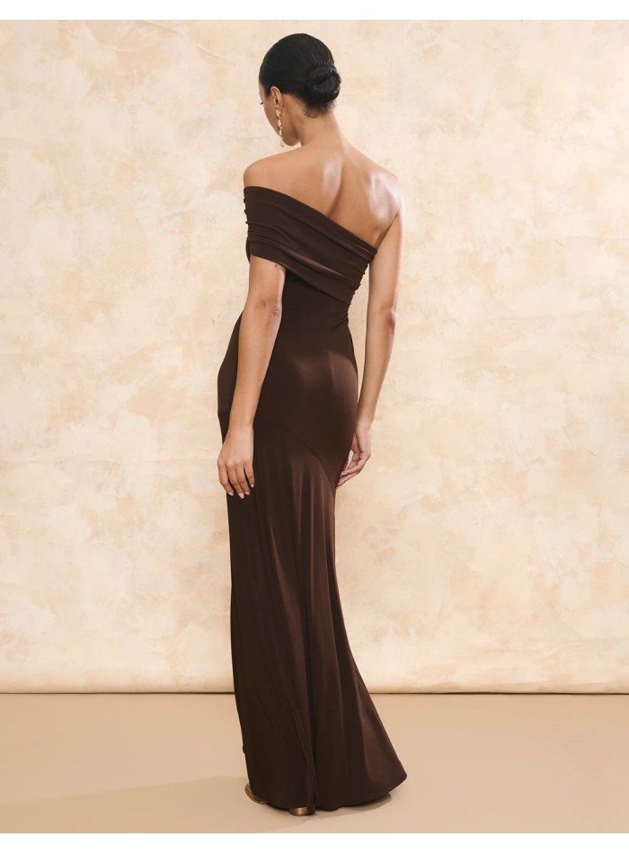 Long party dress in silk knit with asymmetrical...