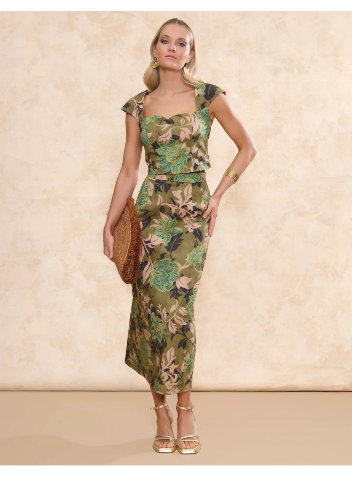 Top de invitada con escote cuadrado en tejido estampado verde