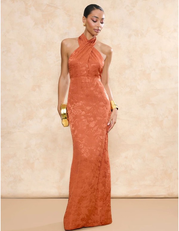 Longue robe d'invité en jersey jacquard orange avec...