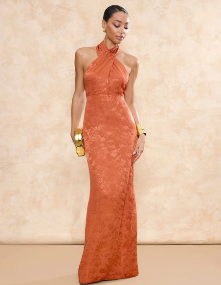 Long orange jacquard jacquard fabric guest dress with halter neckline