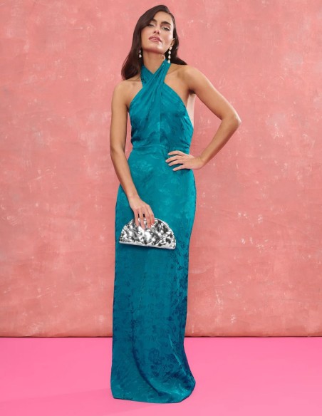 Longue robe d'invité en tissu jacquard bleu avec encolure licou