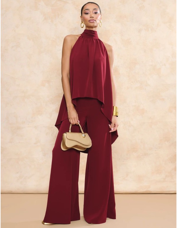 Maroon palazzo cut high-waist guest pants