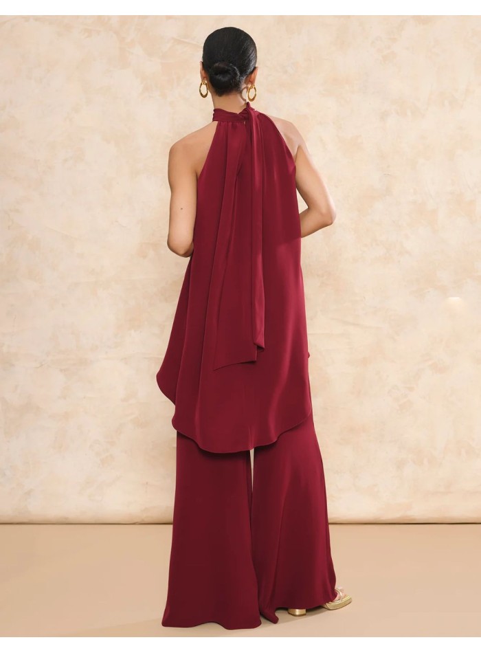 Pantalón de invitada de tiro alto con corte palazzo granate