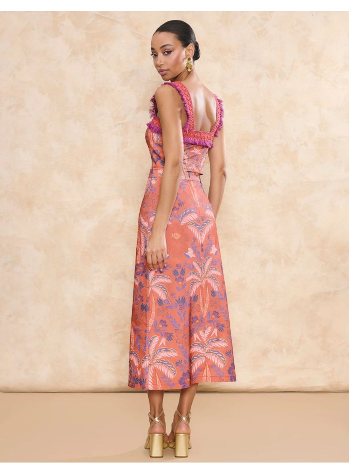 Coral print fabric midi skirt with flared cut...
