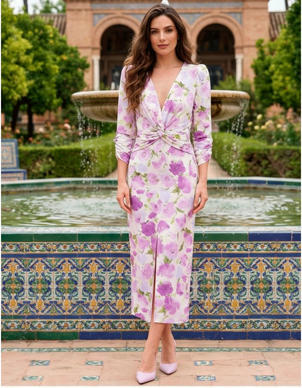 Robe imprimée extensible avec fleurs lilas 2