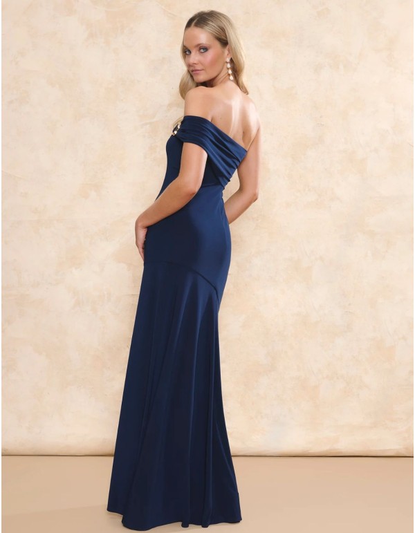 Long silk knit party dress with asymmetric neckline and... 2