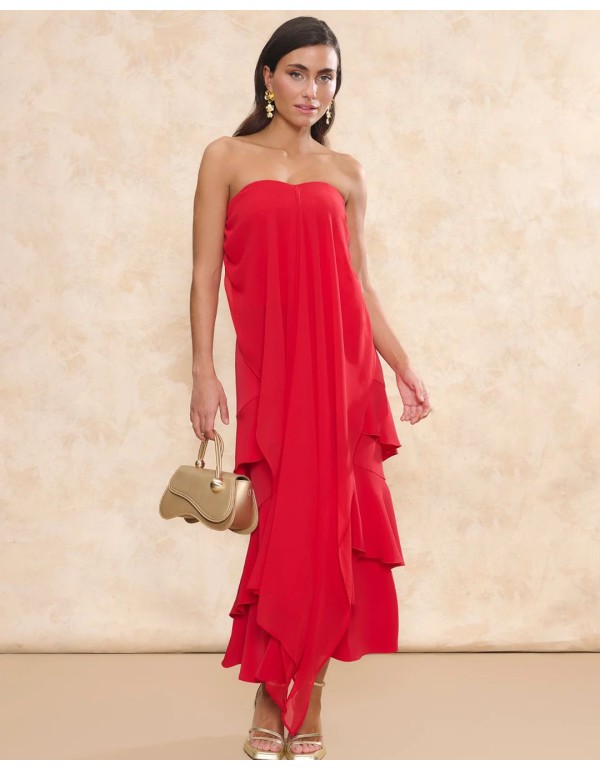 Falda de invitada midi roja en tejido crepe con volantes superpuestos