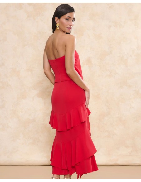 Red crepe midi guest skirt with overlapping ruffled ruffles