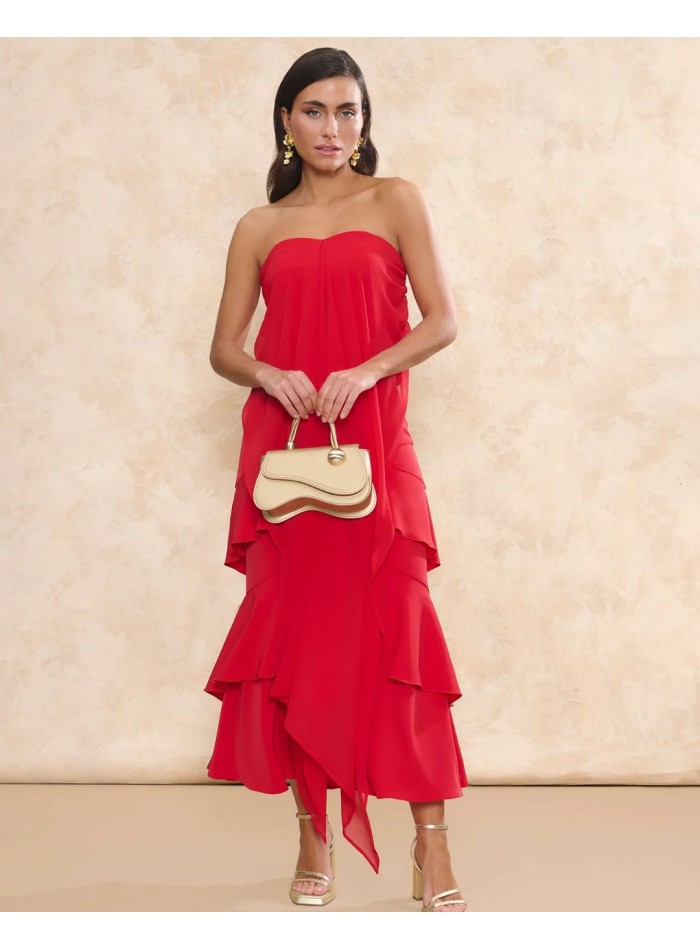 Falda de invitada midi roja en tejido crepe con volantes superpuestos