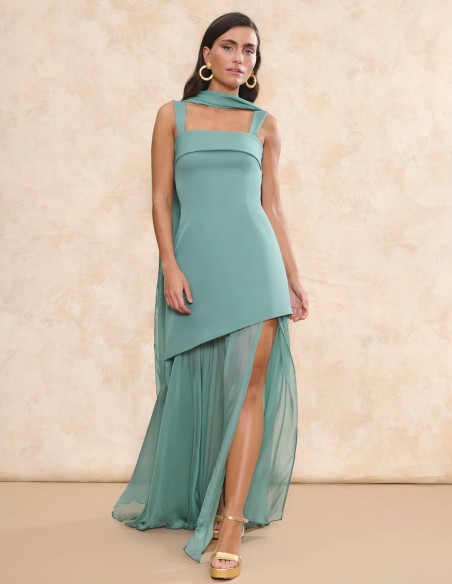 Long guest dress with asymmetric skirt and gauze