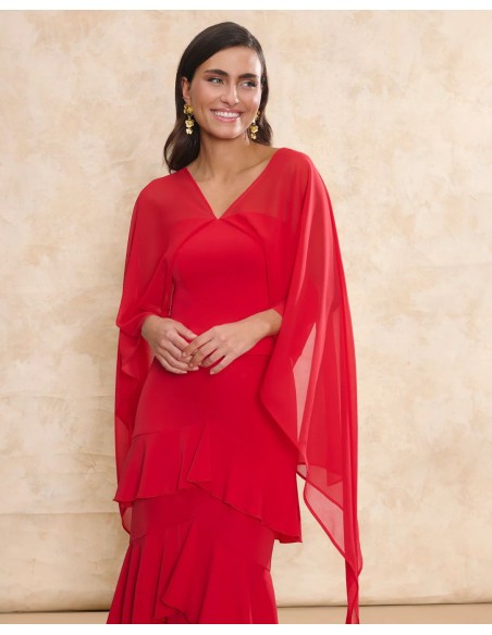 Red strapless neckline and multiposition shawl top for a red guest