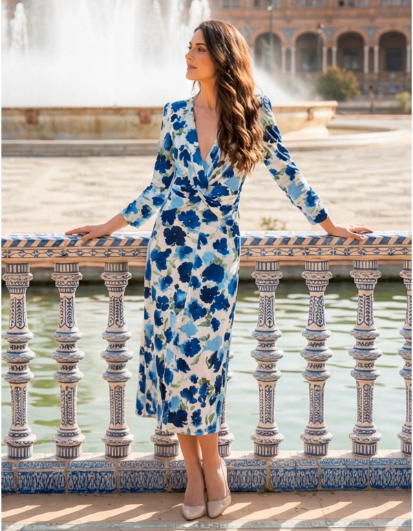 Robe imprimée en stretch avec fleurs bleu marine et bleu... 2