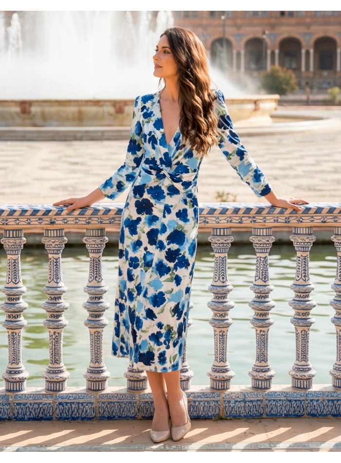 Robe imprimée en stretch avec fleurs bleu...