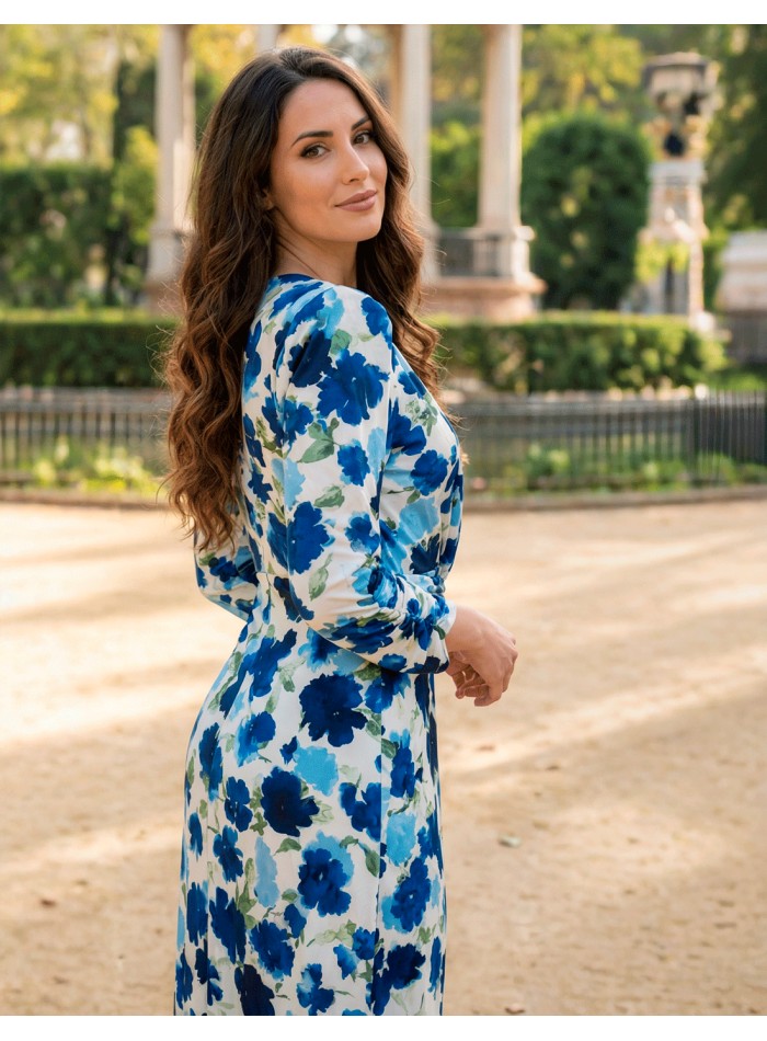 Robe imprimée en stretch avec fleurs bleu...