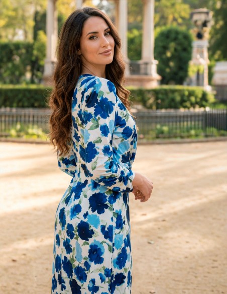 Navy and sky blue floral elastic printed dress with flowers