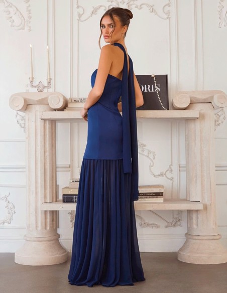Long navy blue strapless ball gown with chiffon skirt