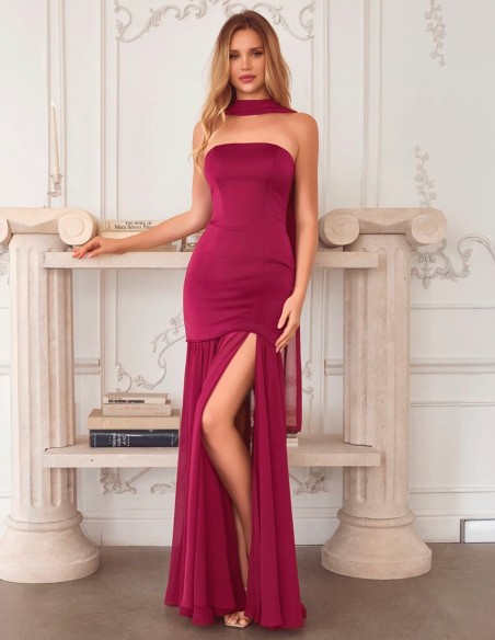 Vestido de fiesta largo color cereza palabra de honor con falda de gasa para hermana de la novia