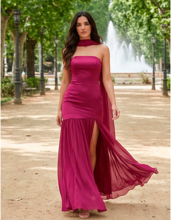 Long cherry colored strapless ball gown with chiffon skirt 2