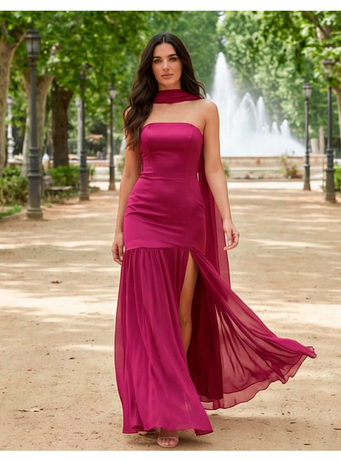 Vestido de fiesta largo color cereza palabra de honor con falda de gasa invitada especial