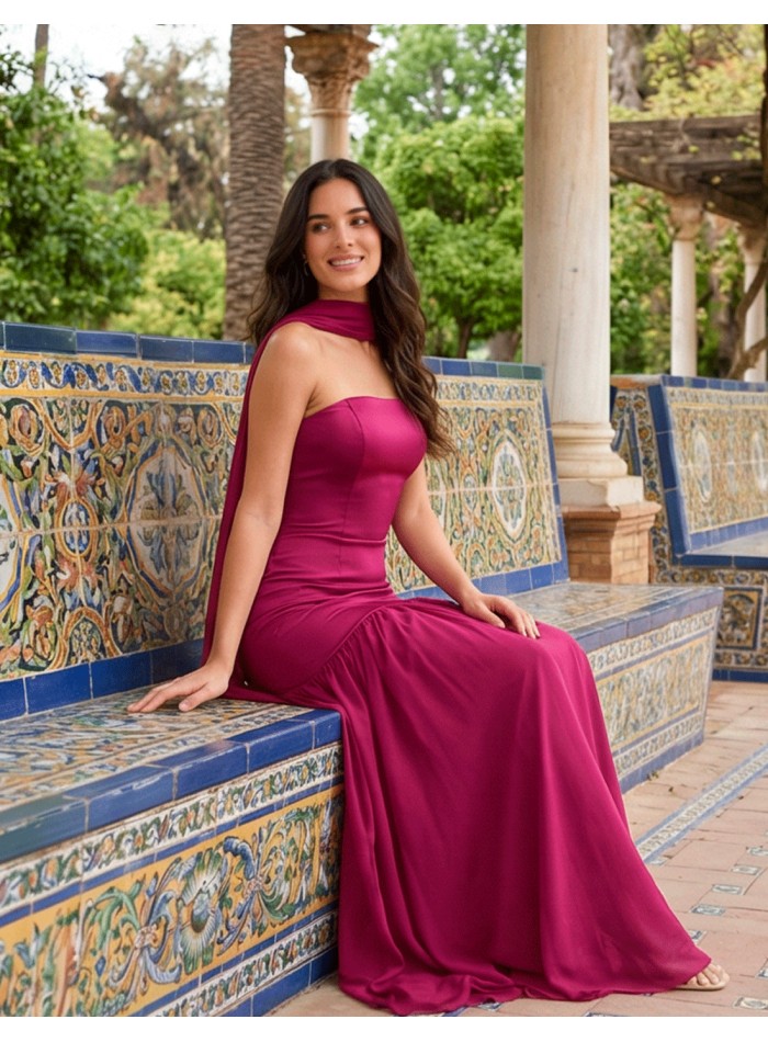 Long cherry colored strapless ball gown with...