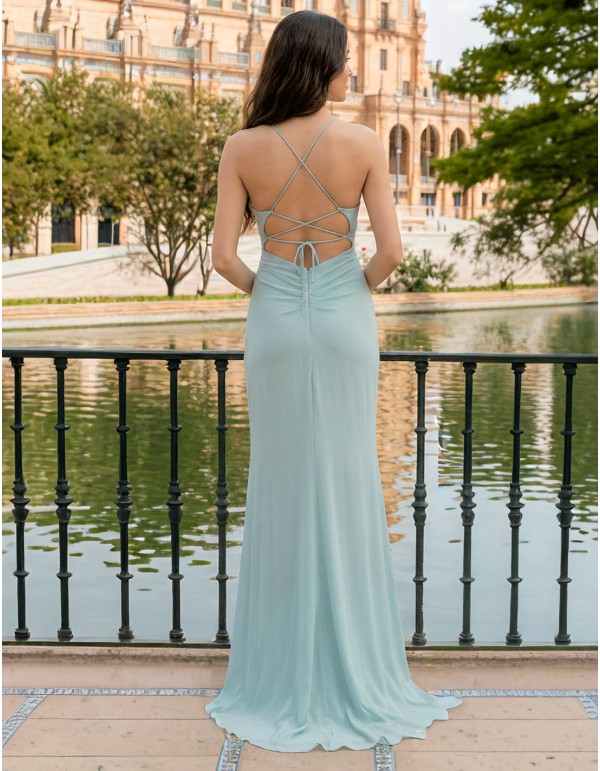 Robe de soirée longue vert menthe avec fines bretelles et...