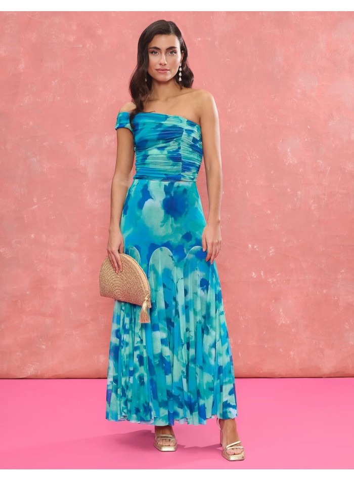 Falda de invitada midi con corte godets circular en tejido estampado turquesa