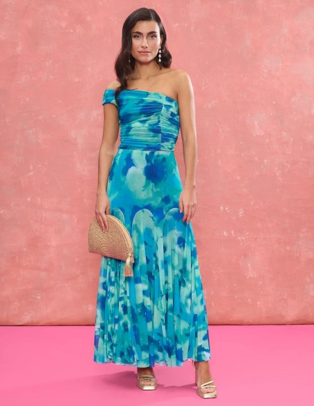 Turquoise printed fabric midi skirt with circular godets cut for guest